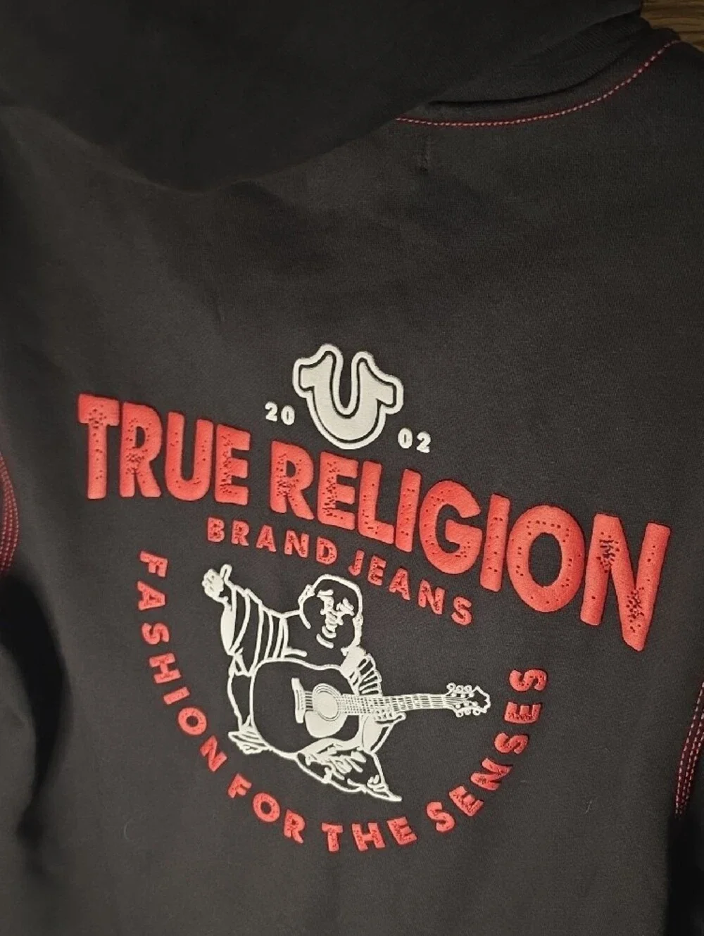 True Religion Black Zip Hoodie Tnl with Red Stitching and Logo M